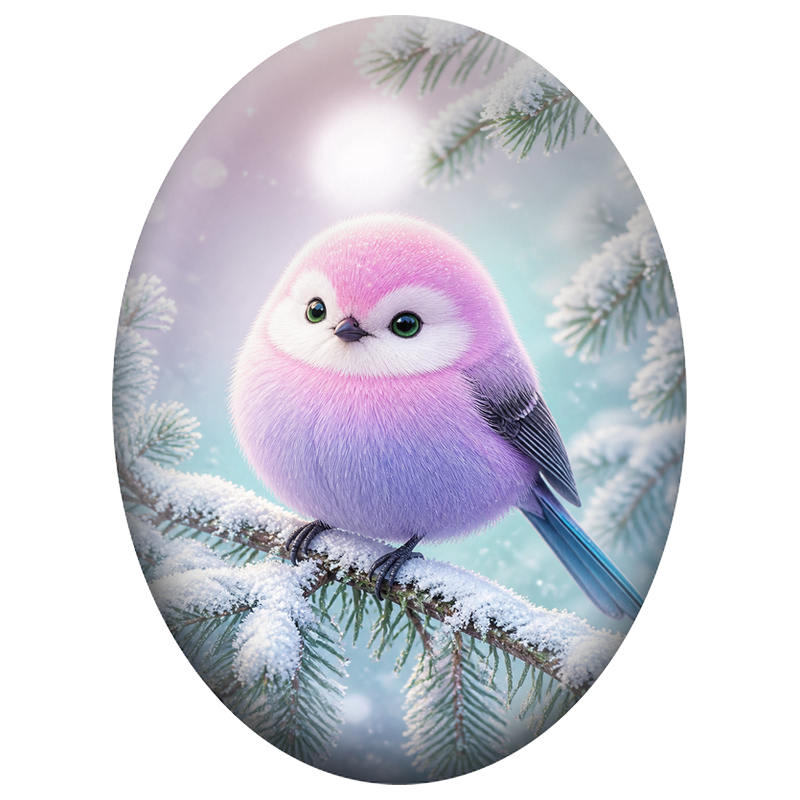 Cabochon en Verre Illustré Oiseau Rose dans la Neige 13x18, 18x25 ou 30x40mm