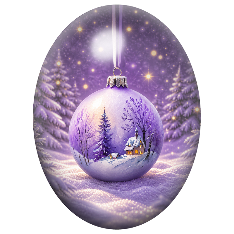 Cabochon en Verre Illustré Village Hivernal dans une Boule Violette 13x18, 18x25 ou 30x40mm