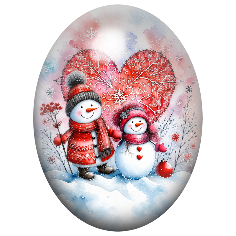 Cabochon en Verre Illustré Deux Bonhommes de Neige dans la Neige 13x18, 18x25 ou 30x40mm