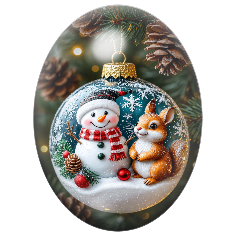 Cabochon en Verre Illustré Bonhomme de Neige et Renard dans une Boule Verte 13x18, 18x25 ou 30x40mm
