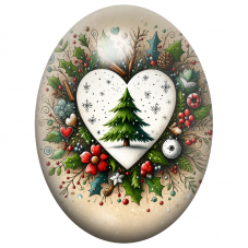 Cabochon en Verre Illustré Cœur Blanc et Sapin dans une Couronne 13x18, 18x25 ou 30x40mm pour la Création de Bijoux Fantaisie - 