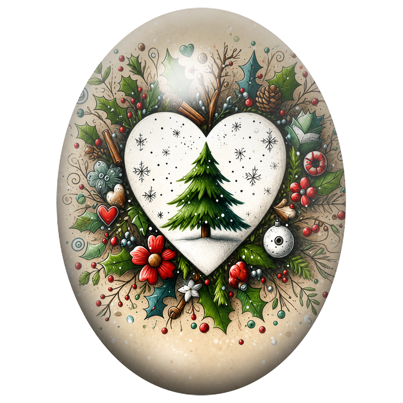 Cabochon en Verre Illustré Cœur Blanc et Sapin dans une Couronne 13x18, 18x25 ou 30x40mm