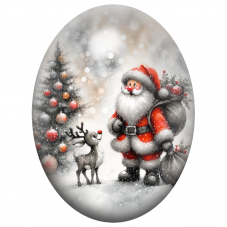 Cabochon en Verre Illustré Père Noël et Renne au Pied du Sapin 13x18, 18x25 ou 30x40mm pour la Création de Bijoux Fantaisie - DI