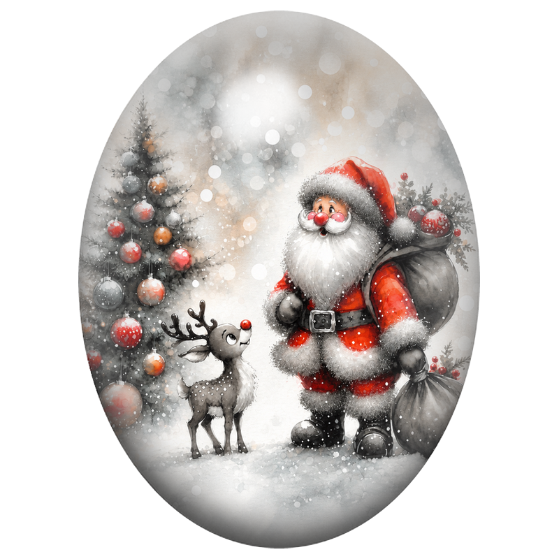Cabochon en Verre Illustré Père Noël et Renne au Pied du Sapin 13x18, 18x25 ou 30x40mm