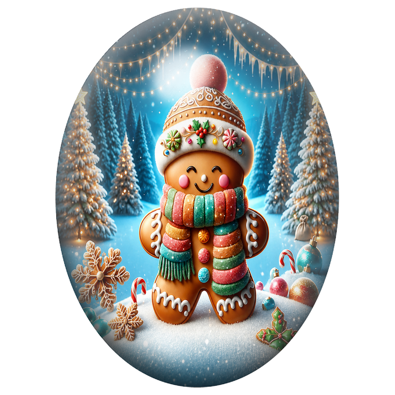 Cabochon en Verre Illustré Bonhomme en Pain d’Épices dans la Forêt 13x18, 18x25 ou 30x40mm