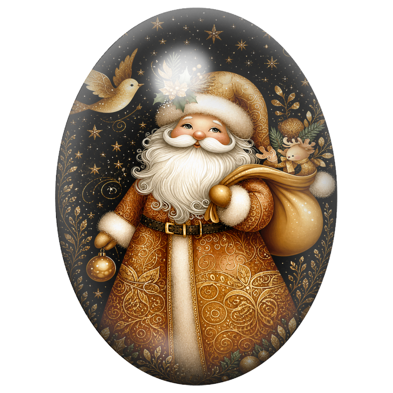 Cabochon en Verre Illustré Père Noël Doré avec sa Hotte 13x18, 18x25 ou 30x40mm