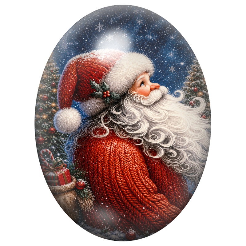 Cabochon en Verre Illustré Père Noël au Pull Tricoté Rouge 13x18, 18x25 ou 30x40mm