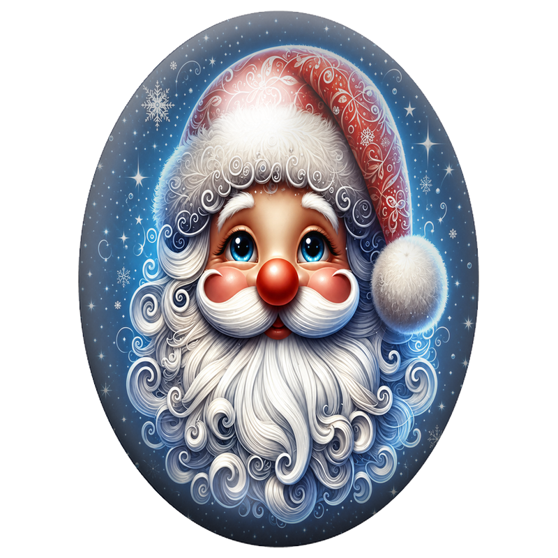 Cabochon en Verre Illustré Père Noël Bleu aux Boules de Neige 13x18, 18x25 ou 30x40mm