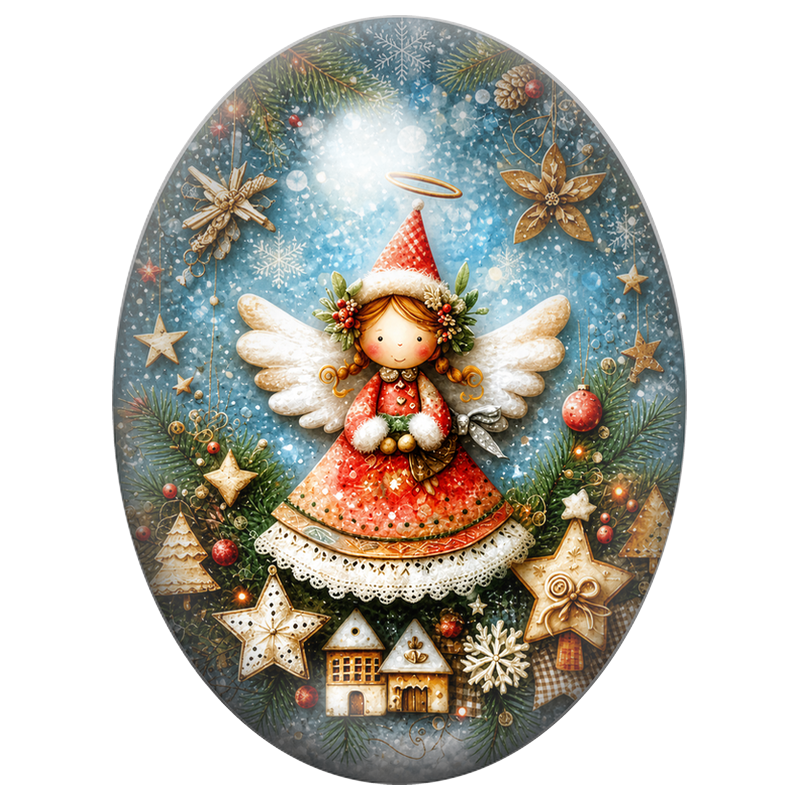 Cabochon en Verre Illustré Ange de Noël parmi les Étoiles 13x18, 18x25 ou 30x40mm