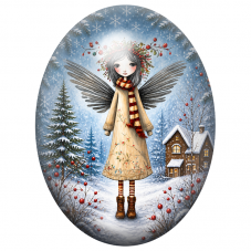 Cabochon en Verre Illustré Ange dans un Village Hivernal 13x18, 18x25 ou 30x40mm pour la Création de Bijoux Fantaisie - DIY