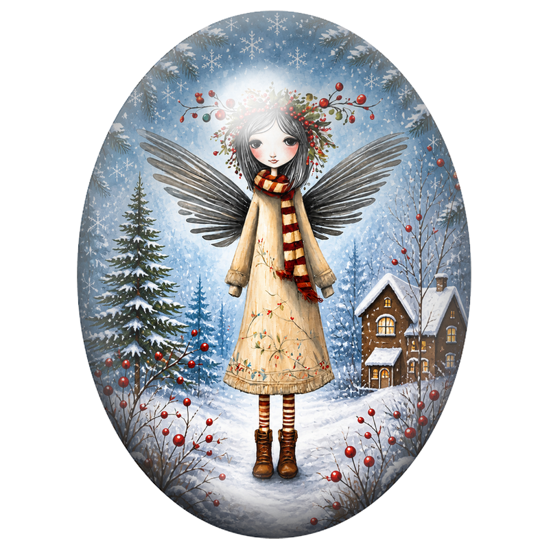 Cabochon en Verre Illustré Ange dans un Village Hivernal 13x18, 18x25 ou 30x40mm