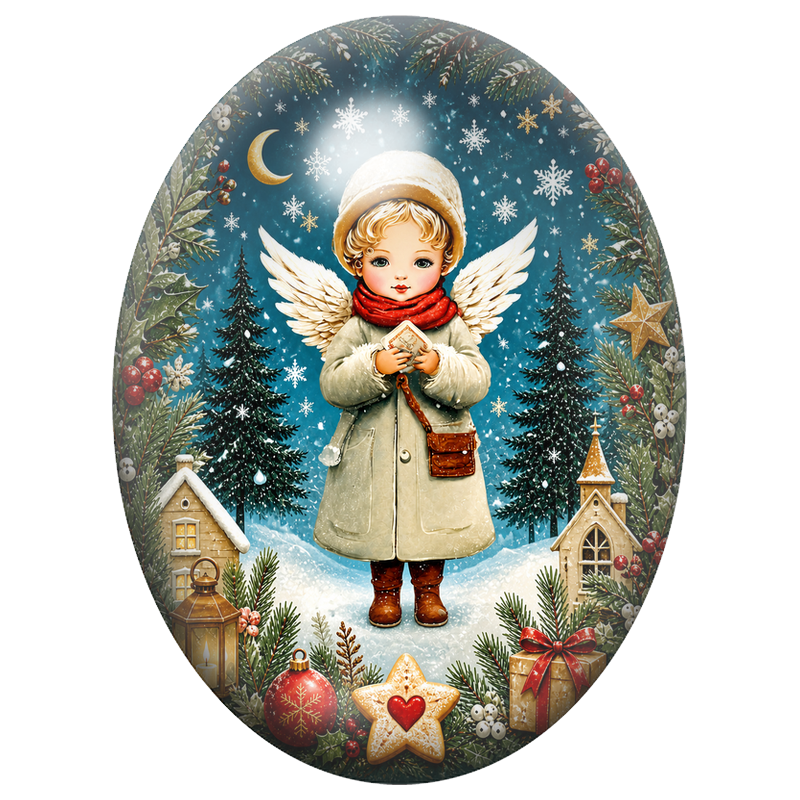 Cabochon en Verre Illustré Petit Ange au Courrier de Noël 13x18, 18x25 ou 30x40mm