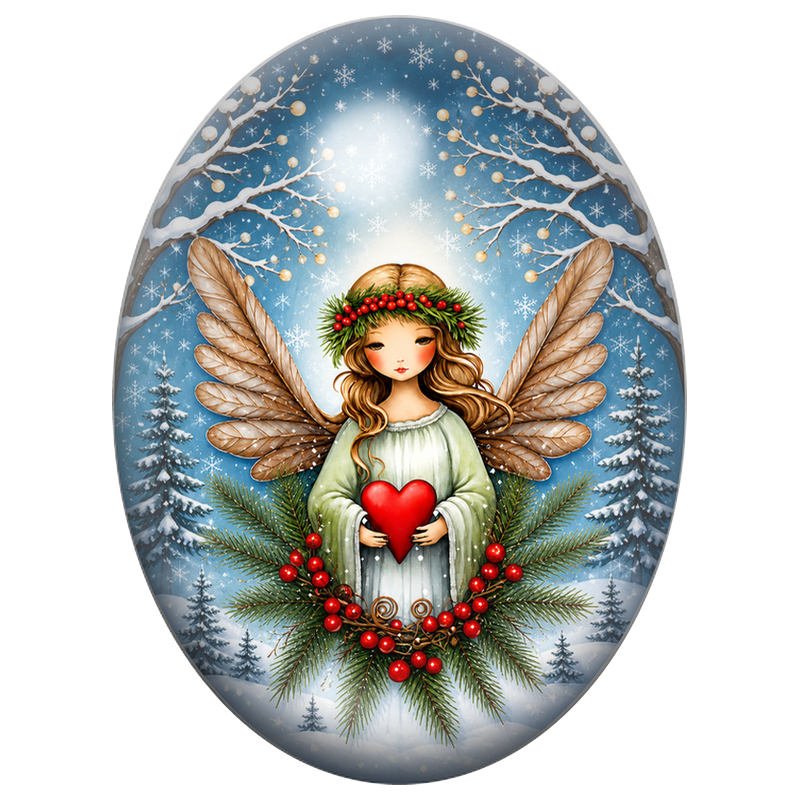 Cabochon en Verre Illustré Ange au Cœur Rouge parmi les Sapins 13x18, 18x25 ou 30x40mm