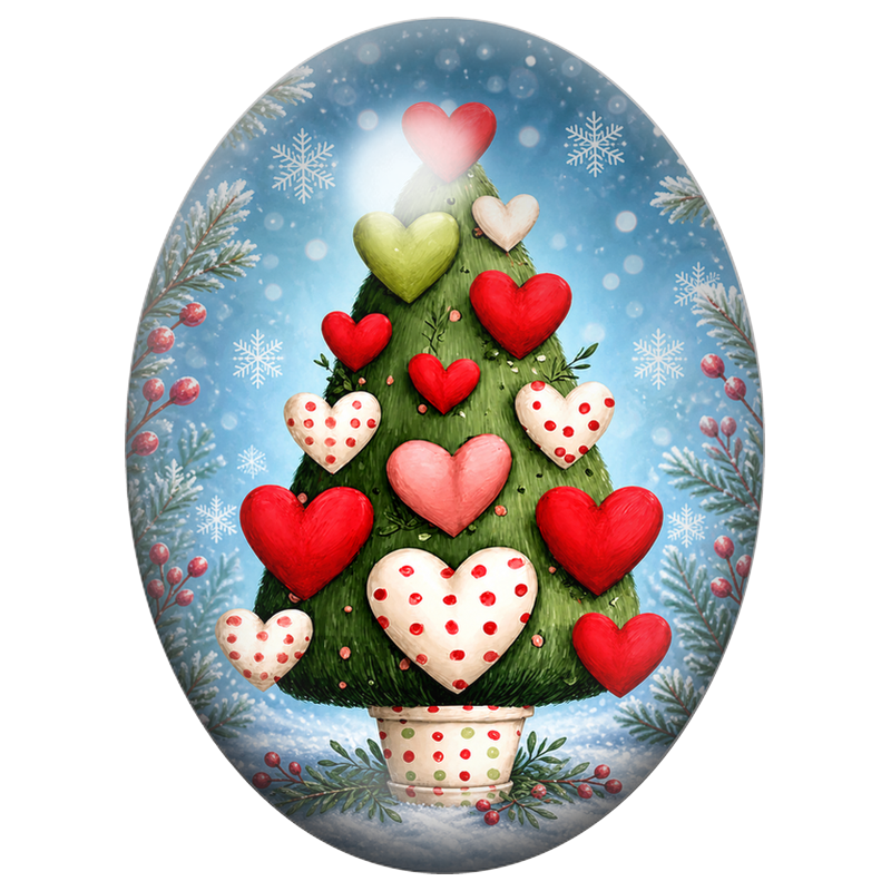Cabochon en Verre Illustré Sapin aux Boules en Cœur 13x18, 18x25 ou 30x40mm