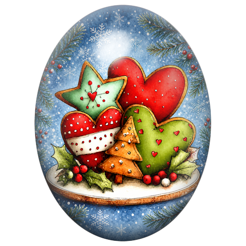 Cabochon en Verre Illustré Biscuits de Noël en Étoile, Cœur et Sapin 13x18, 18x25 ou 30x40mm