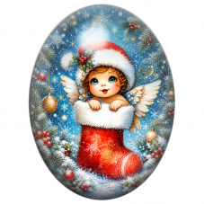 Cabochon en Verre Illustré Ange dans une Grande Chaussette Rouge 13x18, 18x25 ou 30x40mm pour la Création de Bijoux Fantaisie - 
