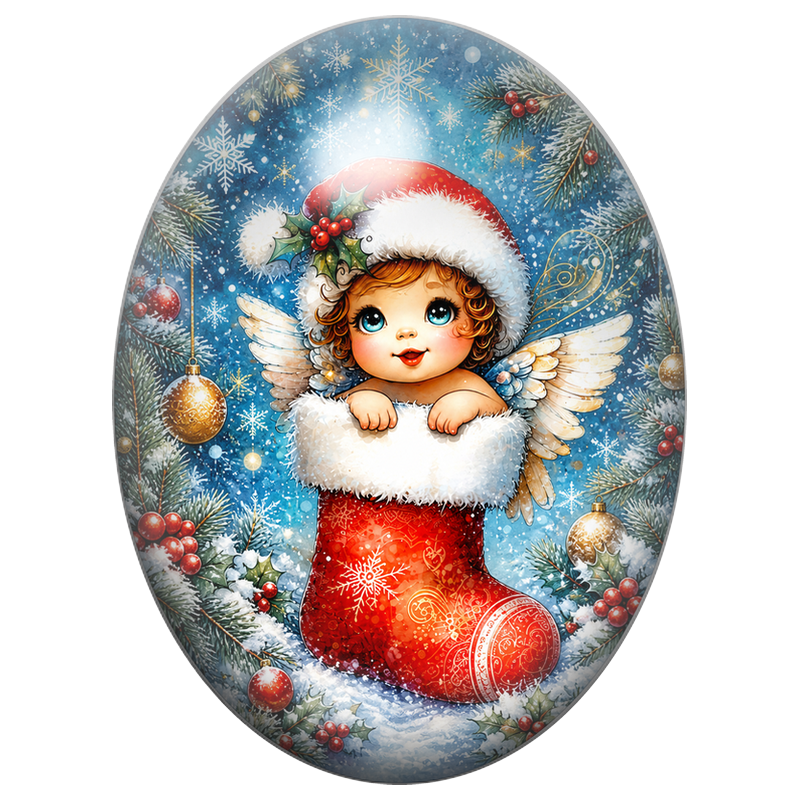 Cabochon en Verre Illustré Ange dans une Grande Chaussette Rouge 13x18, 18x25 ou 30x40mm