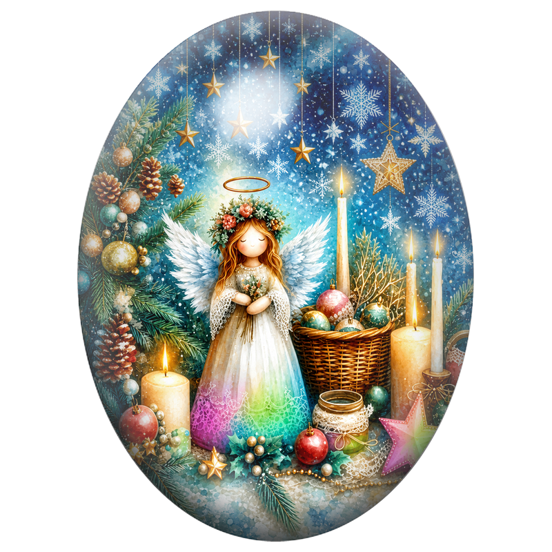 Cabochon en Verre Illustré Fée près d’un Sapin et de Bougies 13x18, 18x25 ou 30x40mm