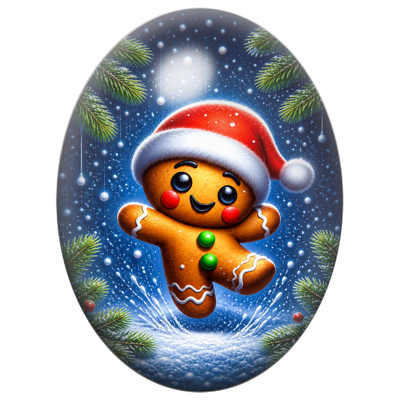 Cabochon en Verre Illustré Bonhomme en Pain d’Épices dans la Neige 13x18, 18x25 ou 30x40mm