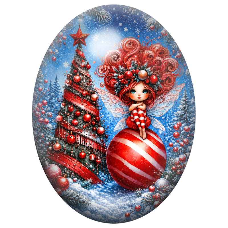 Cabochon en Verre Illustré Fée aux Cheveux Rouges sur une Boule Rayée 13x18, 18x25 ou 30x40mm