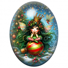 Cabochon en Verre Illustré Fée Couronnée Assise sur une Boule de Noël 13x18, 18x25 ou 30x40mm pour la Création de Bijoux Fantais