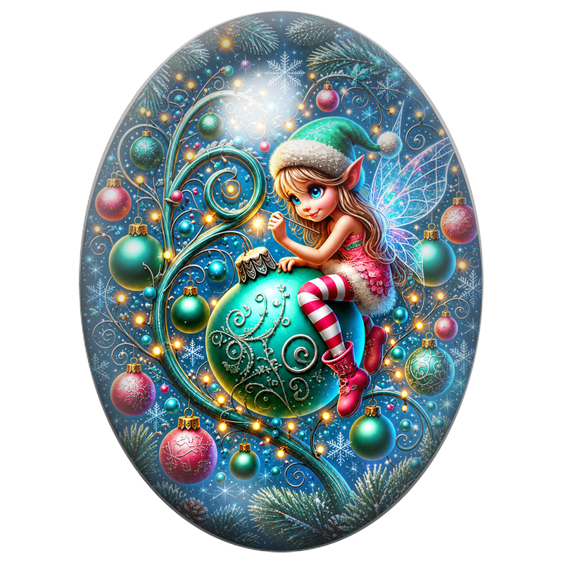 Cabochon en Verre Illustré Fée Assise sur une Boule Turquoise 13x18, 18x25 ou 30x40mm
