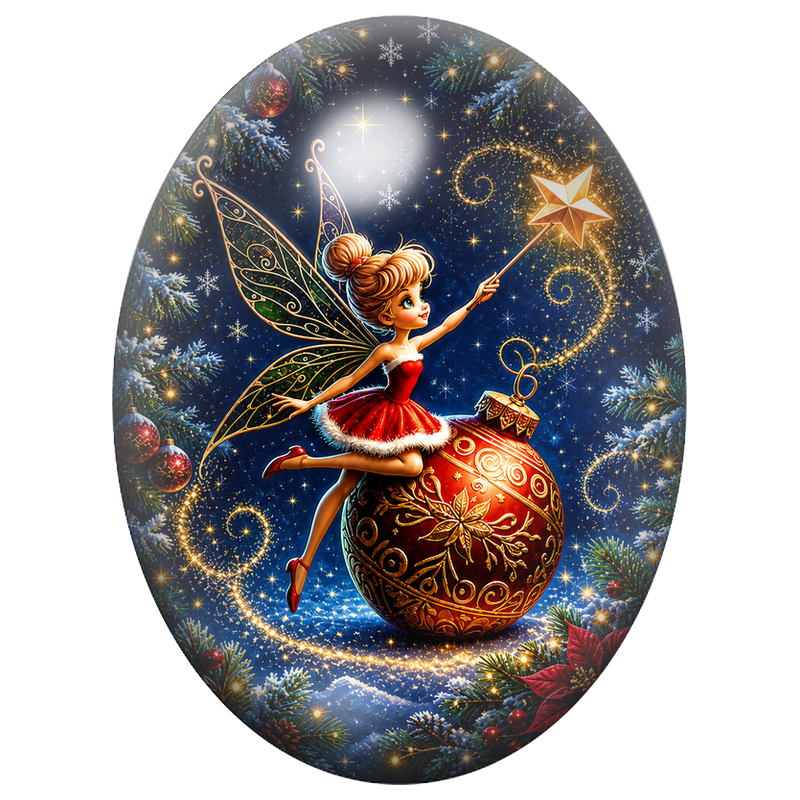 Cabochon en Verre Illustré Fée Rouge Assise sur une Boule de Noël 13x18, 18x25 ou 30x40mm