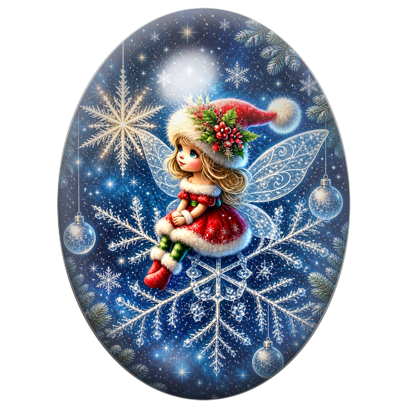 Cabochon en Verre Illustré Fée sur un Flocon de Neige 13x18, 18x25 ou 30x40mm