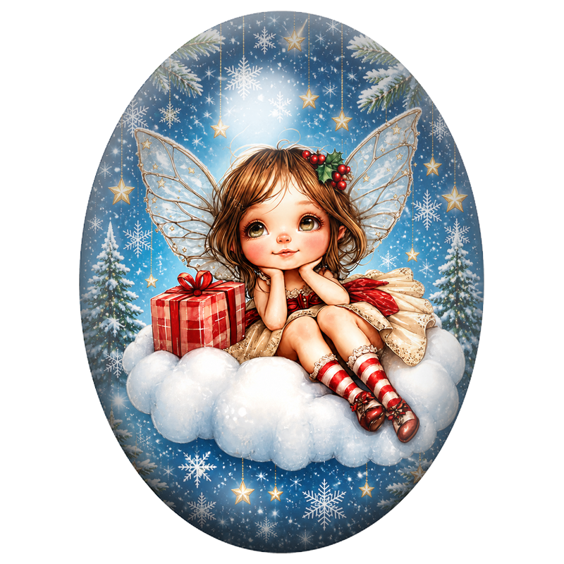 Cabochon en Verre Illustré Fée sur un Nuage de Neige 13x18, 18x25 ou 30x40mm