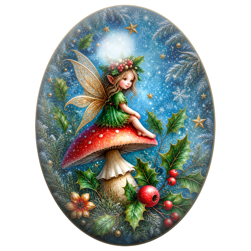 Cabochon en Verre Illustré Fée dans les Branches de Sapin 13x18, 18x25 ou 30x40mm