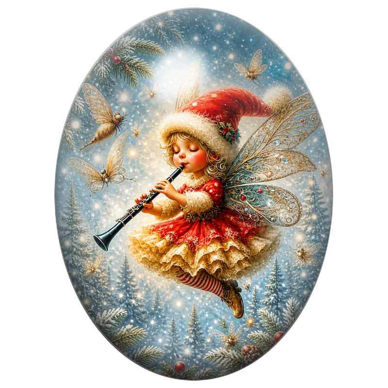 Cabochon en Verre Illustré Fée à la Baguette parmi les Flocons 13x18, 18x25 ou 30x40mm
