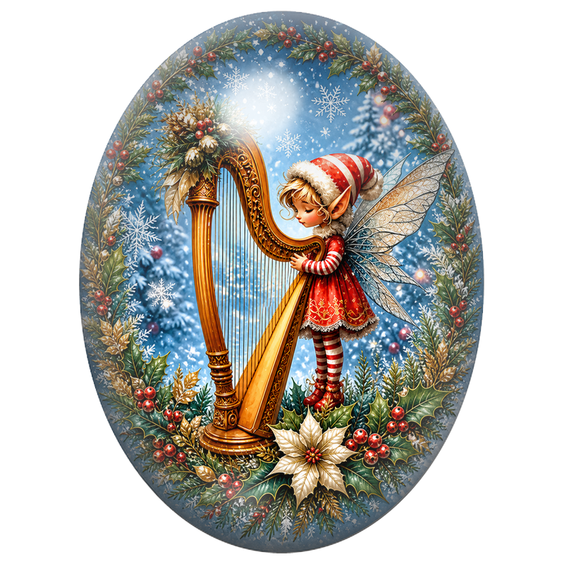 Cabochon en Verre Illustré Fée à la Harpe dans la Forêt 13x18, 18x25 ou 30x40mm