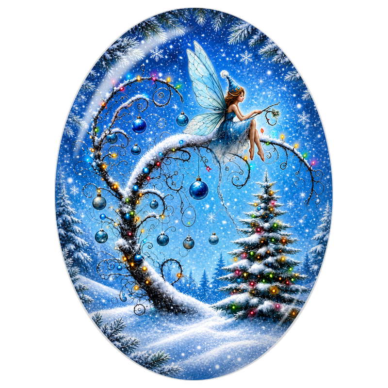 Cabochon en Verre Illustré Fée Bleue dans un Paysage de Noël 13x18, 18x25 ou 30x40mm