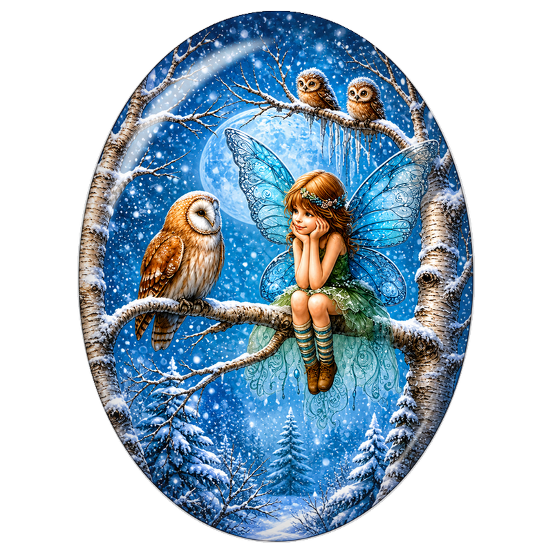 Cabochon en Verre Illustré Fée parmi les Hiboux dans la Neige 13x18, 18x25 ou 30x40mm