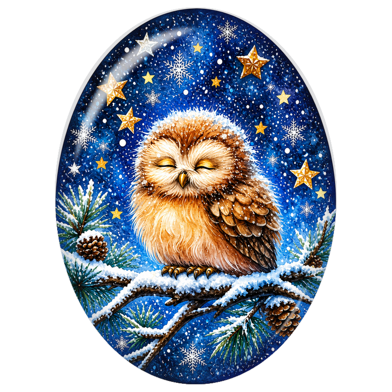 Cabochon en Verre Illustré Hibou parmi les Étoiles Dorées 13x18, 18x25 ou 30x40mm