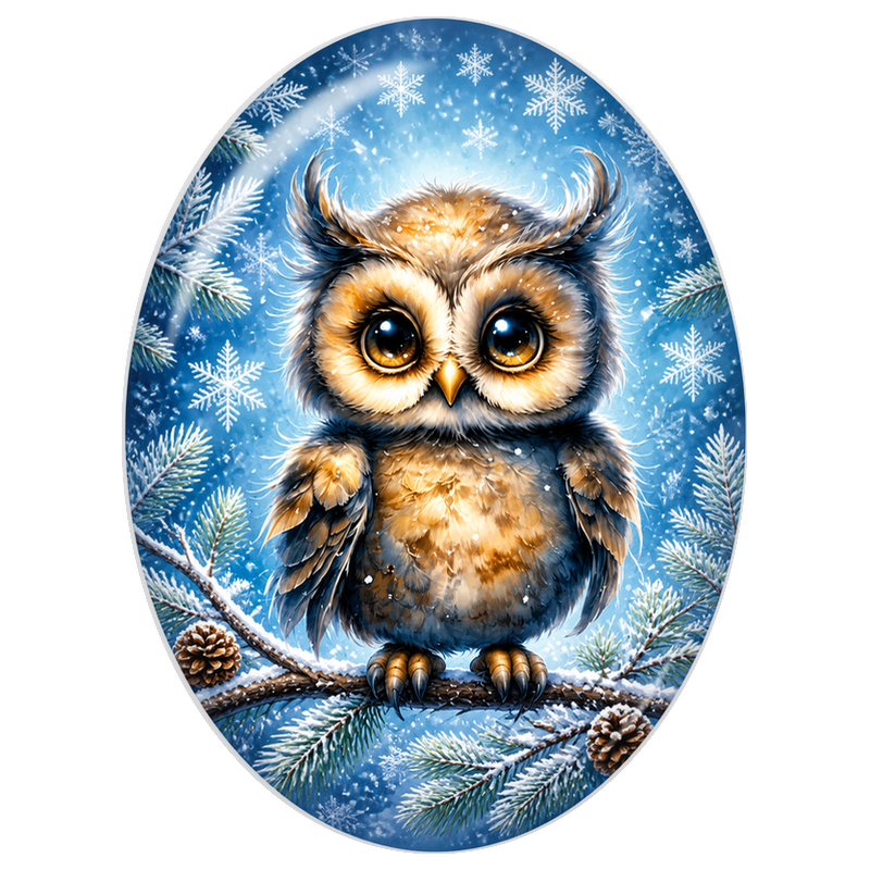 Cabochon en Verre Illustré Hibou dans la Neige 13x18, 18x25 ou 30x40mm