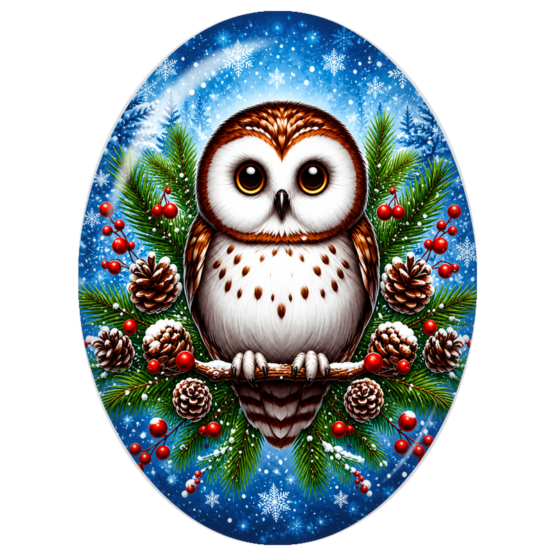 Cabochon en Verre Illustré Hibou Blanc parmi les Baies Rouges 13x18, 18x25 ou 30x40mm