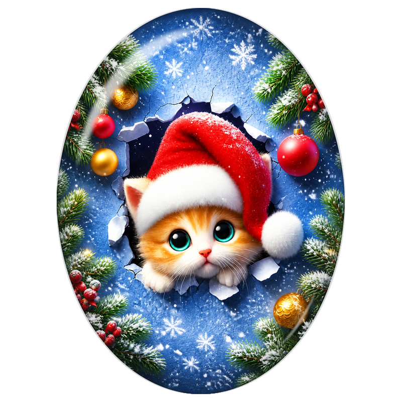 Cabochon en Verre Illustré Chaton au Bonnet de Noël 13x18, 18x25 ou 30x40mm