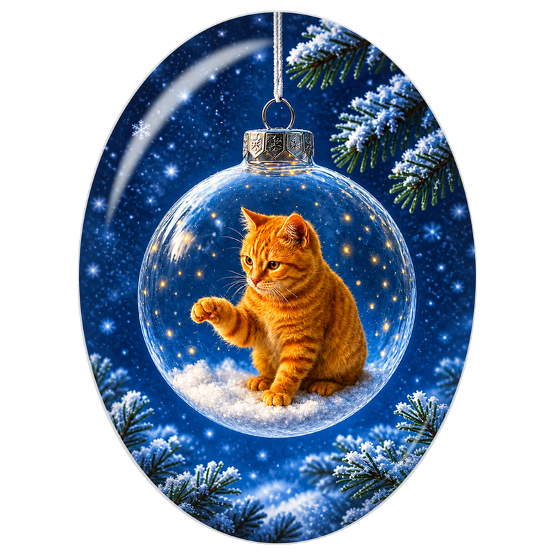 Cabochon en Verre Illustré Chaton Roux dans une Boule Bleue 13x18, 18x25 ou 30x40mm