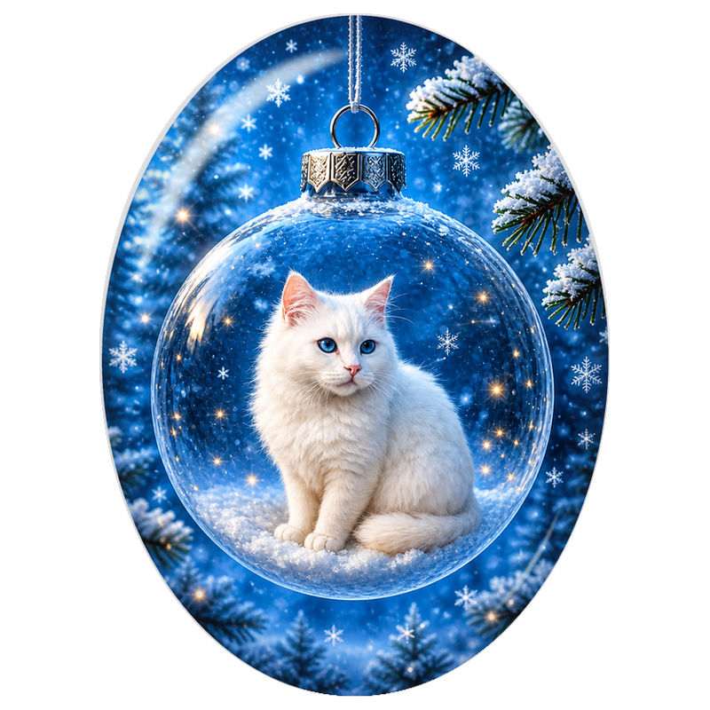 Cabochon en Verre Illustré Chaton Blanc dans une Boule de Noël 13x18, 18x25 ou 30x40mm