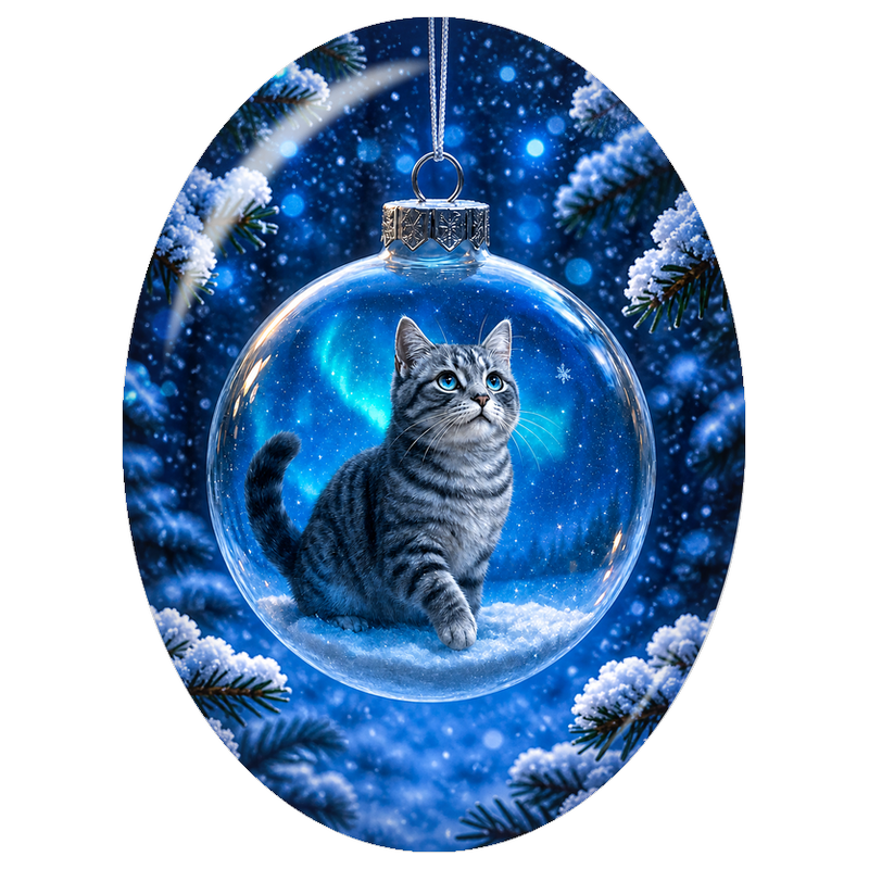 Cabochon en Verre Illustré Chat Gris dans une Boule Bleue 13x18, 18x25 ou 30x40mm