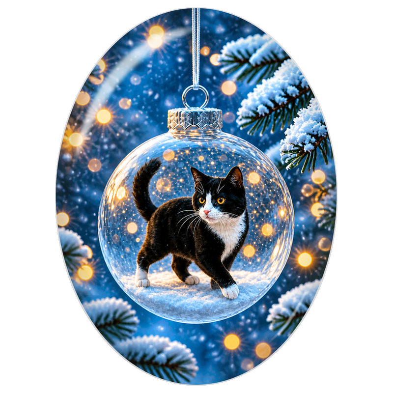 Cabochon en Verre Illustré Chat Noir et Blanc dans une Boule 13x18, 18x25 ou 30x40mm