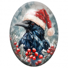 Cabochon en Verre Illustré Corbeau de Noël parmi les Baies Rouges 13x18, 18x25 ou 30x40mm pour la Création de Bijoux Fantaisie -