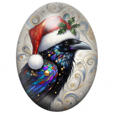 Cabochon en Verre Illustré Corbeau de Noël au Chapeau Rouge 13x18, 18x25 ou 30x40mm pour la Création de Bijoux Fantaisie - DIY