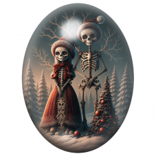 Cabochon en Verre Illustré Couple de Squelettes dans la Neige près du Sapin 13x18, 18x25 ou 30x40mm pour la Création de Bijoux F