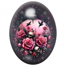 Cabochon en Verre Illustré Boule de Noël au Crâne et aux Roses Roses 13x18, 18x25 ou 30x40mm pour la Création de Bijoux Fantaisi