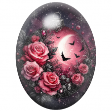 Cabochon en Verre Illustré Boule de Noël aux Roses et à la Lune Rose 13x18, 18x25 ou 30x40mm pour la Création de Bijoux Fantaisi