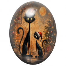 Cabochon en Verre Illustré Deux Chats Noirs de Noël sous la Lune 13x18, 18x25 ou 30x40mm pour la Création de Bijoux Fantaisie - 