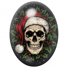 Cabochon en Verre Illustré Crâne de Noël au Bonnet Rouge et au Houx 13x18, 18x25 ou 30x40mm pour la Création de Bijoux Fantaisie