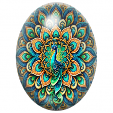 Cabochon en Verre Illustré Mandala Paon Bleu, Vert et Or 13x18, 18x25 ou 30x40mm pour la Création de Bijoux Fantaisie - DIY